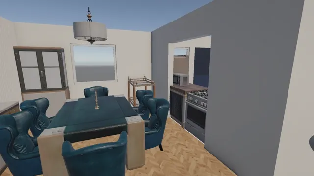 Dining room with teal wingback chairs around a long table