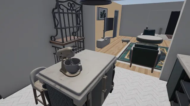 Kitchen with a marble island, pendant lights and a stand mixer