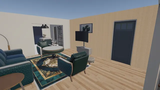 Living room with teal armchairs, a round coffee table and an ornate rug