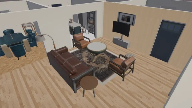 Living room restyled with a brown leather sofa and patterned rug